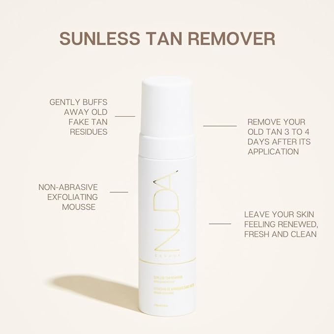 Nuda Sunless Tan Remover | Gentle & Non-Abrasive Mousse | Vegan Self Tanner Remover with Vitamins A, C, & E and Aloe Vera, White Tea, & Lemon | Fake Tan Remover for Women, (190mL)