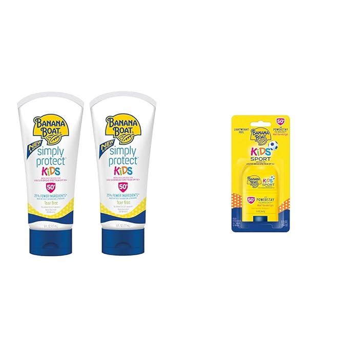 Banana Boat Kids Mineral Sunscreen Lotion SPF 50 Twin Pack and Sport Sunscreen Stick SPF 50 Travel Size