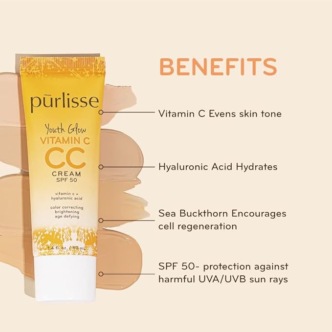 pürlisse Youth Glow Vitamin C CC Cream with SPF 50 - Color Corrector Enriched with Sea Buckthorn, Vitamin C & Hyaluronic Acid - Boosts Radiance & Youthfulness - Paraben-Free - Medium (1.4 oz)