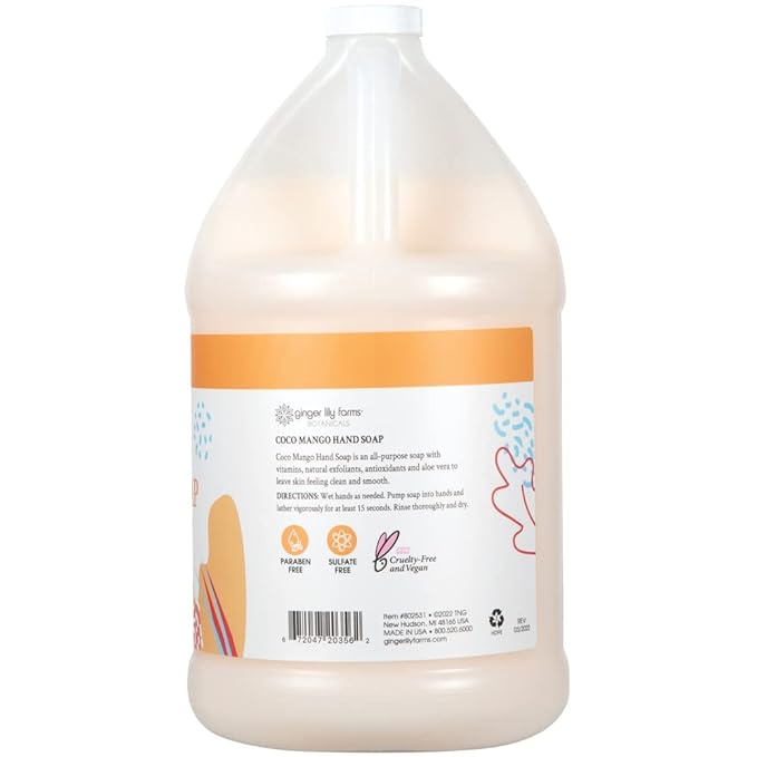 Ginger Lily Farms Botanicals All-Purpose Liquid Hand Soap Refill, Coco Mango, 100% Vegan & Cruelty-Free, Coconut Mango Scent, 1 Gallon (Pack of 4)