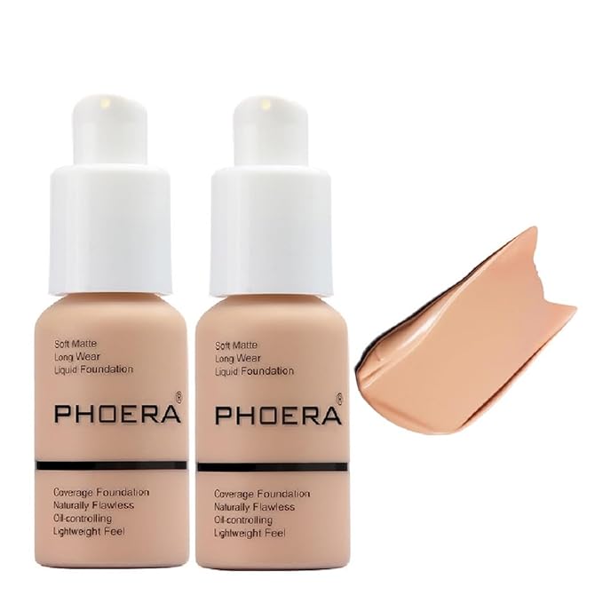 2 Pack PHOERA Foundation,Full Coverage Concealer Flawless Soft Buff Beige）