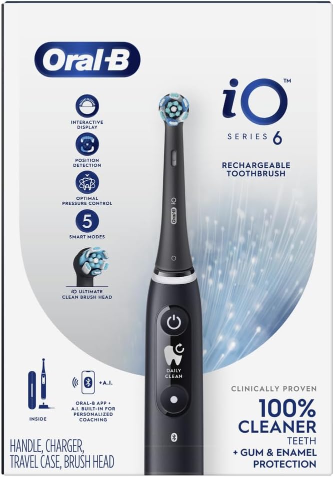 Oral-B iO Series 6 Rechargeable Electric Toothbrush with Visible Pressure Sensor to Protect Gums, 2 Minute Timer, 5 Cleaning Settings, 1 Replacement Toothbrush Head, and Travel Case, Black