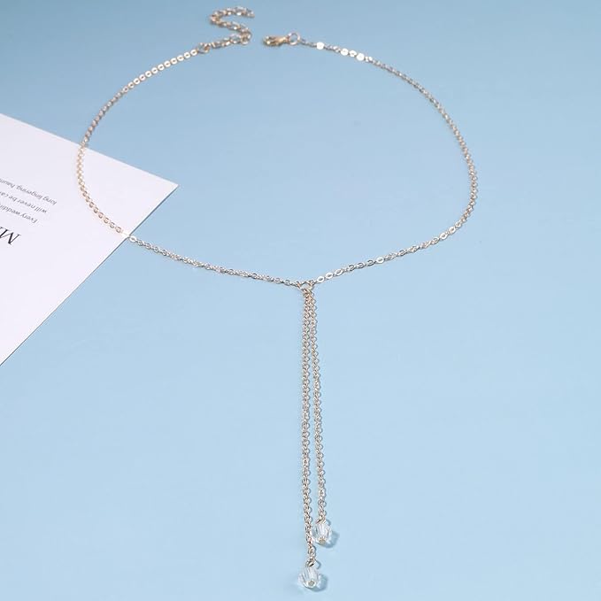 Boho Crystal Drop Necklace Gold Crystal Tassel Y Necklace Chain Vintage Long Drop Chain Necklace Minimalist Necklace Chain Jewelry for Women and Girls Gifts