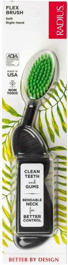 RADIUS Toothbrush, Flex Brush, Soft Bristles, Right Handed, Black Brush with Green Bristels, BPA Free & ADA Accepted, Pack of 1