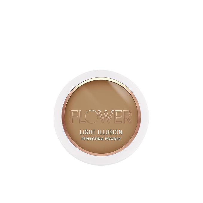 FLOWER Beauty By Drew Barrymore Light Illusion Perfecting Powder - Powder Foundation + Setting Powder for Makeup - Medium Buildable Coverage - Natural Glow + Flawless Finish - Mirror + Sponge Include d (Mocha)