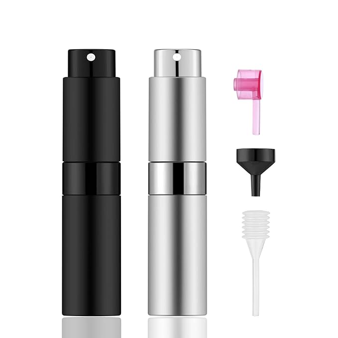2 PCS/8ml Portable Mini Perfume Atomizer bottles, Empty Refillable Spray Bottle with 3 Types of Refill Tools, Pocket Travel Perfume Sample Bottles(Matte Black&Silver)
