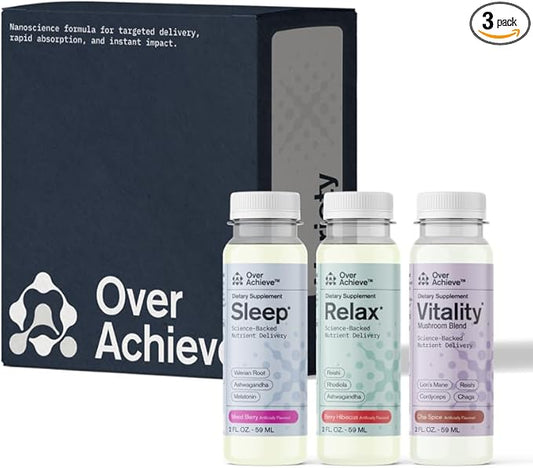 Supplement Variety Pack with Advanced Nanoscience Technology, 3 Pack, Stress Calming Relax Drink, Sleep Aid Drink, Mushroom Supplement Drink, 2 oz Shot