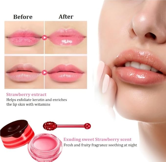 Bee Lip Balm Honey Pot,Honey Lip Mask Propolis Moisturizing Lip Balm with Stick,Hydrating and Prevention Dry and Cracked Lip Scrubs Exfoliator (2 PCS, Honey & Strawberry)