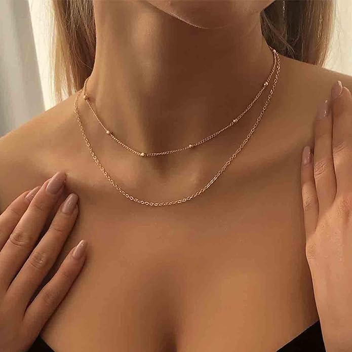 Boho Layered Satellite Choker Necklace Gold Ball Chain Necklace Short Collar Necklace Vintage Double Layer Necklace Jewelry for Women and Girls Gifts