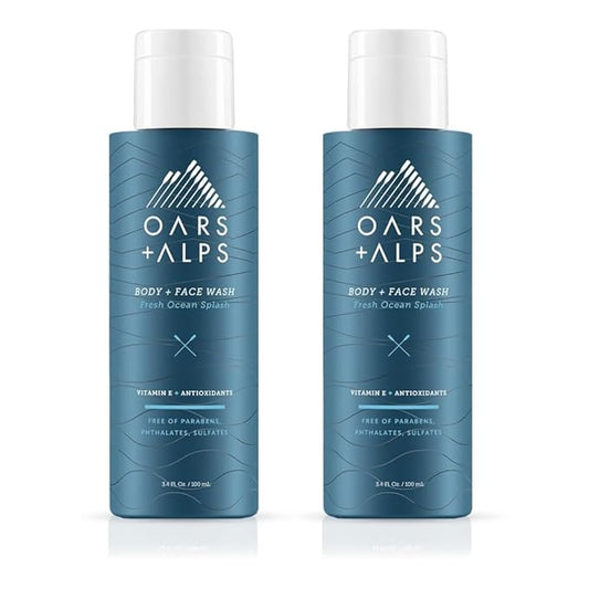 Oars + Alps Mens Moisturizing Body and Face Wash, Skin Care Infused with Vitamin E and Antioxidants, Sulfate Free, Fresh Ocean Splash, Travel Size 3.4oz, 2 Pack