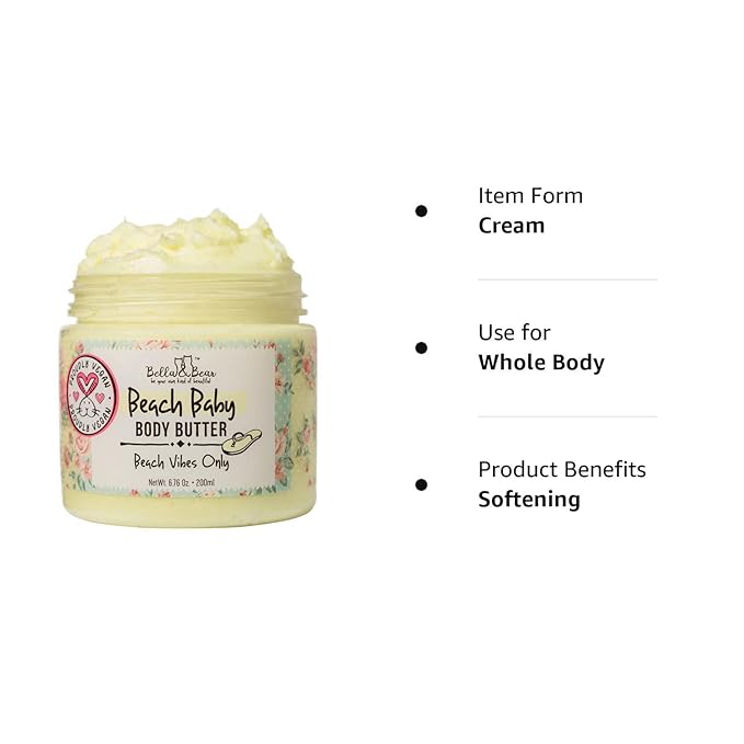 Bella and Bear Beach Baby Body Butter - Moisturizing Shea Cream for Women - Vegan, Cruelty& Oil-Free - Helps Prevents Pregnancy Stretch Marks 6.76-oz