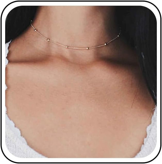 Boho Thin Beaded Choker Necklace Gold Station Ball Necklace Short Satellite Chain Necklace Everyday Minimalist Necklace Jewelry for Women and Girls