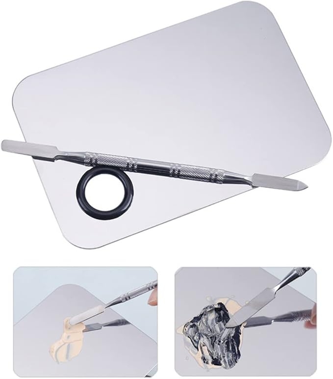 Makeup Mixing Palette,Stainless Steel Foundation Palette Cosmetic Mixing Makeup Palette Eye Shadow Eyelash Makeup Plate with Spatula Rod for Mixing Foundation Eye Shadow Eyelash Nail Art