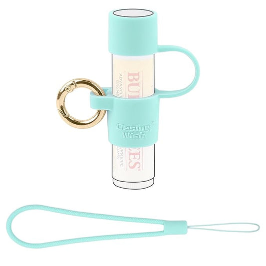 Desing Wish Silicone Lip Balm Holder with Cap Cover Portable Chapstick Holder Keychain Sleeve Lip Balm Key Chain with Key Ring and Wrist Strap Lanyard - Mint Green
