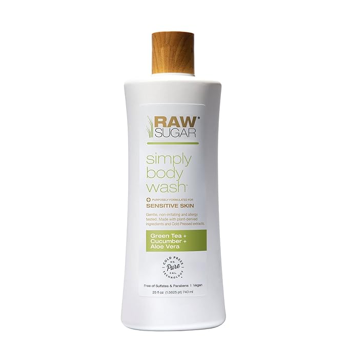 RAW SUGAR Simply Body Wash, (25 Fl Oz, Pack of 1) Bath Soap, Formulated without Sulfates & Parabens (Green Tea + Cucumber + Aloe Vera)