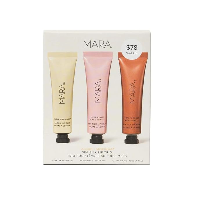 MARA - Sea Silk Lip Balm Trio | Non-Toxic, Plant-Based Skin Care, Hypoallergenic | Moisturize, Plump + Soothe Dry, Chapped Lips | Clear, Nude Beach, & Toasty Rouge (3 Piece Set)
