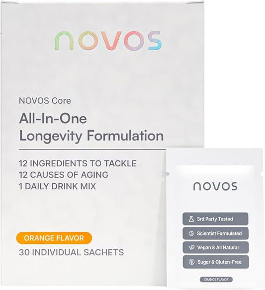 NOVOS Core Longevity Mix, Anti-Aging Supplement, Drink Powder Packet Orange Flavor - Skin Support, Energy, Mood Support, Sleep and Cognition Support - 30 Servings