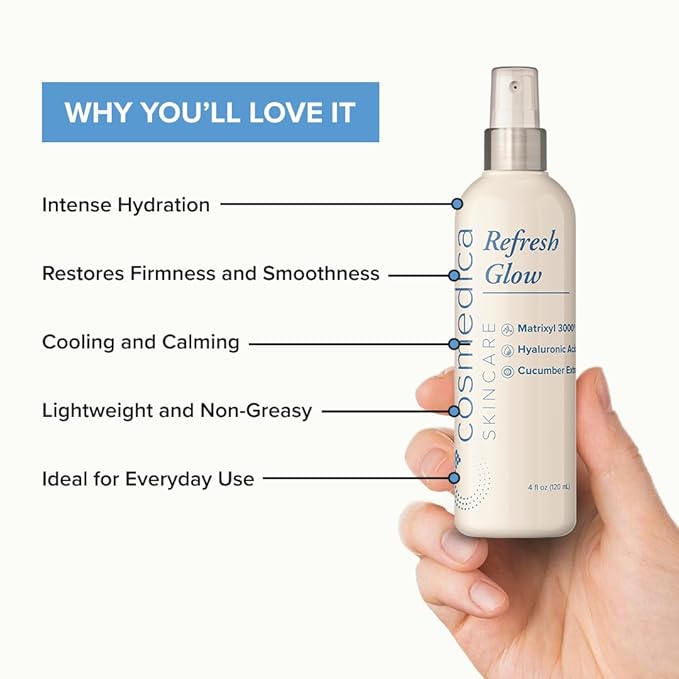 Cosmedica Skincare Refresh Glow Hydrating Peptide Spray with Matrixyl 3000, Cucumber Extract & Hyaluronic Acid for Revitalized Skin – 4 oz