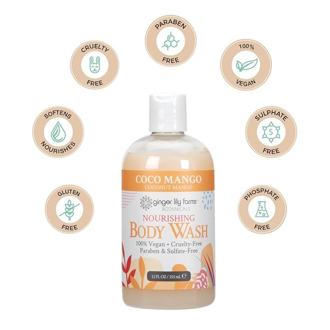 Ginger Lily Farms Botanicals Nourishing Body Wash, Coco Mango, 100% Vegan & Cruelty-Free, Coconut Mango Scent, 12 Fl Oz (Pack of 6)