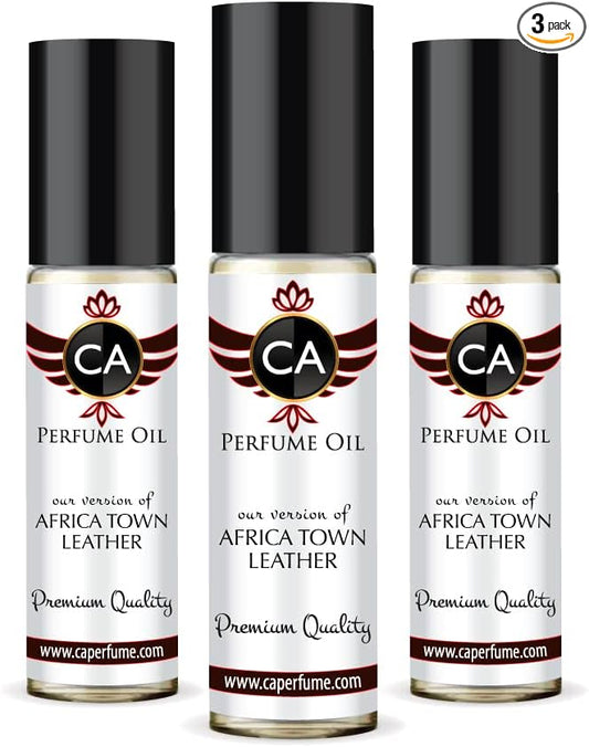CA Perfume Club Impression of Mmos Africa Town Leather For Women & Men Replica Fragrance Body Oil Dupes Alcohol-Free Essential Aromatherapy Sample Travel Size Long Lasting Attar Roll-On 0.3 Fl Oz-X3
