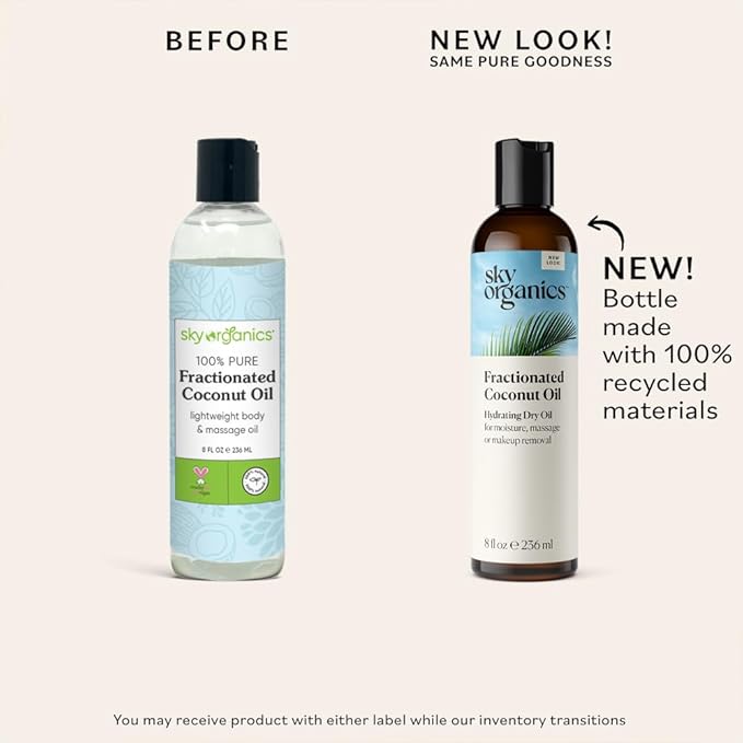 Sky Organics Fractionated Coconut Oil, Hydrating Dry Oil for Moisture, Massage and Makeup Removal, Suitable for All Skin Types, 100% Pure and Cold Pressed Multipurpose Body and Face Oil, 8 fl. Oz