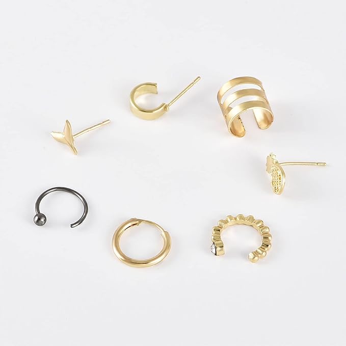 Bohemia Pineapple Mermaid Tail Studs Earrings Gold Wide Cuff Earrings Fake Helix Ear Cuff Earrings Gold Cartilage Clip on Wrap Earrings Non pierced Multiple Earrings Set Set for Women and Girls