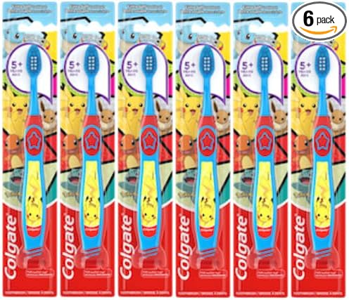 Colgate Pokémon Toothbrush with Suction Cup, for Chiildren 5+ Years Old, Extra Soft (Colors & Characters Vary) - Pack of 6