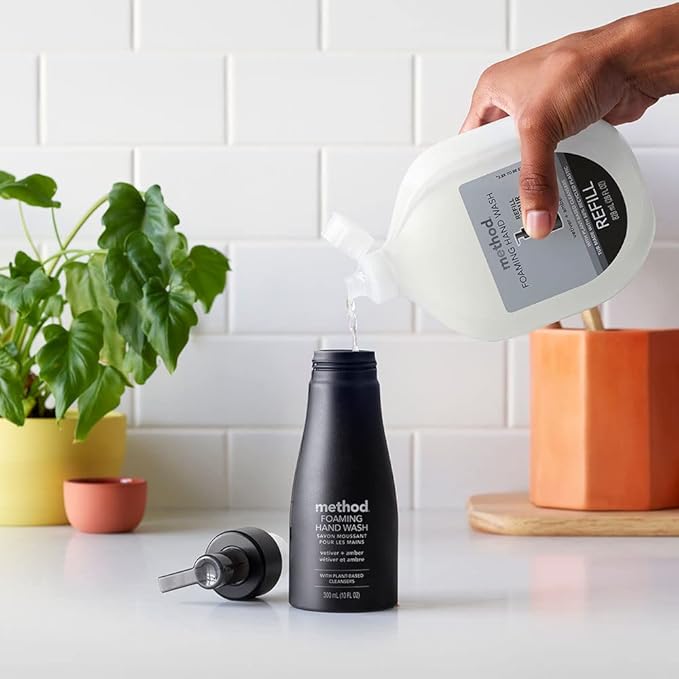 Method Premium Foaming Hand Wash Refill, Vetiver + Amber, Recyclable Bottles, Biodegradable Formula, 28 fl oz (Pack of 4) (Packaging May Vary)