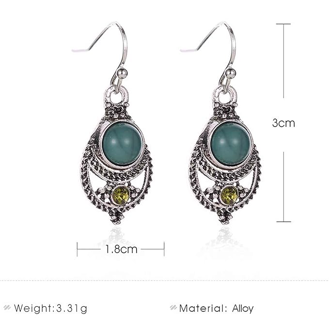 Boho Ethnic Turquoise Drop Earrings Silver Teardrop Turquoise Earrings Gemstone Hook Earrings Retro Drop Dangle Earrings Jewelry for Women and Girls