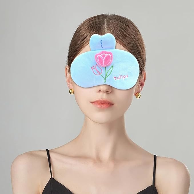 PERFECTSIGHT Sleep Eye Masks, Cute Plush Sleep Eye Cover Lightweight Adjustable Eyeshade Faux Fur Mask Cover for Women Men Sleep Travel Nap, Blue Tulip