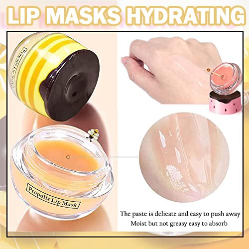 Bee Lip Balm Honey Pot, 4 PCS Strawberry & Honey Lip Masks Hydrating Prevention Dry and Cracked Lip Scrubs Exfoliator，Lip Sleep Mask Reduces Lip Lines，Lip Exfoliating Bee Lip Balm Sleeping Lip Mask