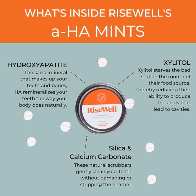 RiseWell a-HA Mints - Xylitol Mints for Dry Mouth - Hydroxyapatite Sugar Free Breath Mint - Promotes Remineralization and Freshens Breath, On-The-Go Oral Mint, 30 Count