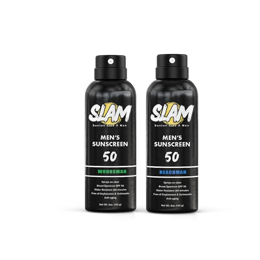 SLAM WoodsMan & BeachMan Bundle - Men's Scented Sunscreen, Sunscreen Spray, Water Resistant Sunscreen, Paraben Free, Broad Spectrum UVA/UVB Sunscreen (Large, 50, Sun Protection Factor (SPF))