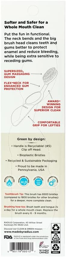 Radius Toothbrush Flex Brush BPA Free & ADA Accepted Designed to Improve Gum Health & Reduce Gum Issues - Right Hand - Lime White - Pack of 1