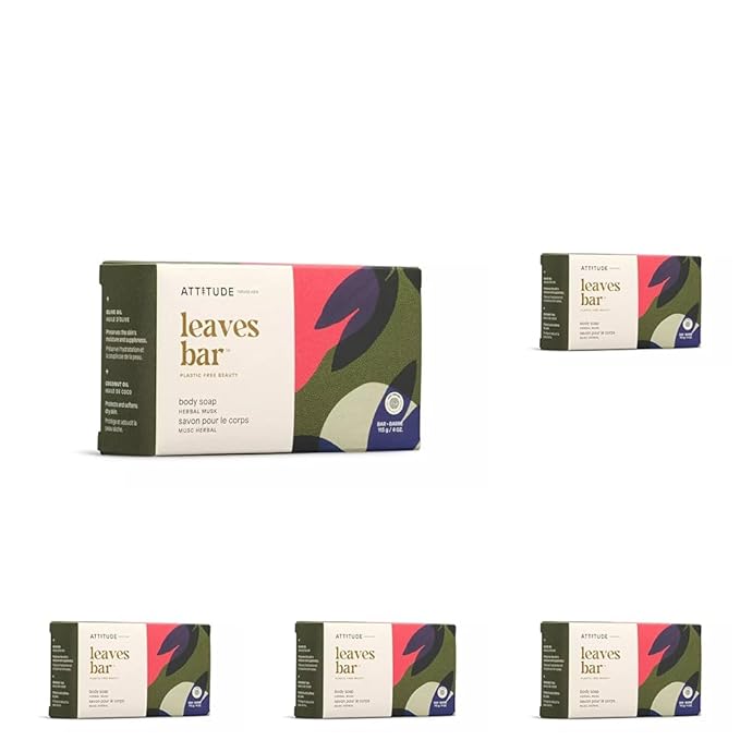 ATTITUDE Bath and Shower Body Soap Bar, EWG Verified, Plastic-free, Plant and Mineral-Based Ingredients, Vegan and Cruelty-free Personal Care Products, Herbal Musk, 4 Ounces (Pack of 5)