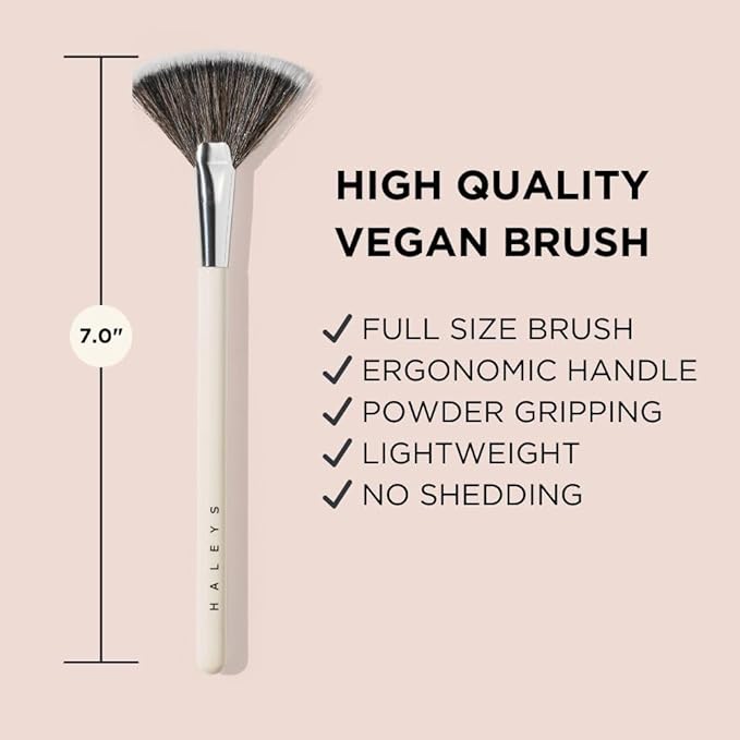 HALEYS Fan Brush VEGAN+CRUELTY-FREE, Sustainable Wood, Vegan Bristles for Airbrushed Finish, For highlighter application, Streak-free, Perfect Blending, Blurs, Smooths with Control