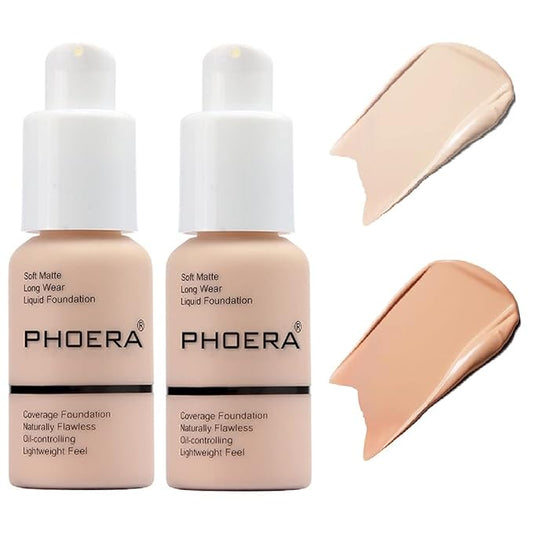 2 Pack PHOERA Foundation,Flawless Soft Matte Liquid Foundation