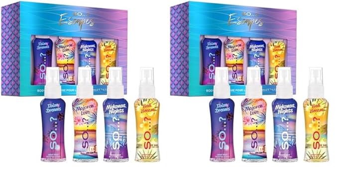 So...? Escapes Body Mist Gift Set - Perfumes for Women - Everyday Body Spray - Vegan, Cruelty-Free - Fragrance Gifts - 4 pcs (Pack of 2)