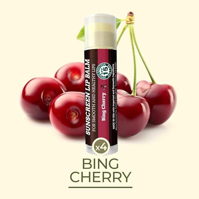 SPF Lip Balm 4-Pack by Earth's Daughter - Lip Sunscreen, SPF 15, Organic Ingredients, Cherry Flavor, Beeswax, Coconut Oil, Vitamin E - Hypoallergenic, Paraben Free, Gluten Free