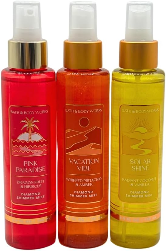 Bath & Body Works VACATION VIBE, PINK PARADISE, SOLAR SHINE Diamond Shimmer Mist - Gift Set with a Blue Bow for Holiday - 4.9 fl oz each - Summer Scents
