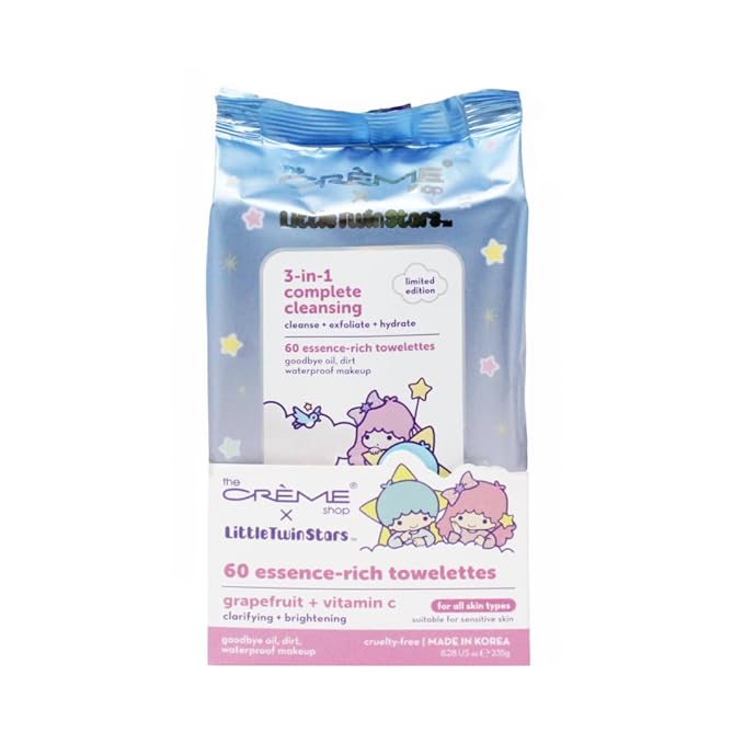 The Crème Shop Little Twin Stars 3-In-1 Complete Cleansing Wipes - Grapefruit | Make Up Remover | Cleansing Wipes | Hydrating Makeup Wipes (60 Pre-Wet Wipes)