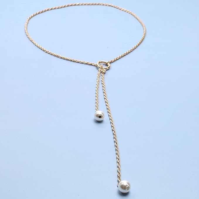 Boho Pearl Lariat Necklace Gold Chunky Chain Y Necklace Pearl Tassel Necklace Long Necklaces for Women and Girls Prom Bridal Necklace Jewelry