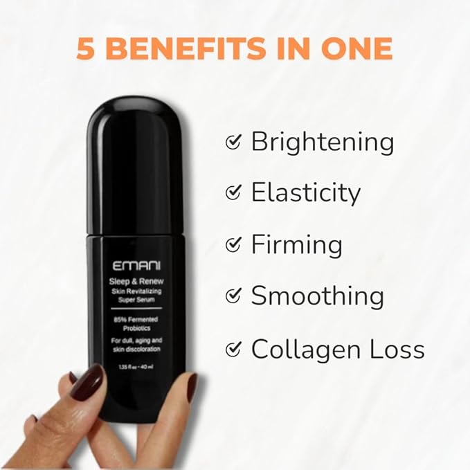 Emani Sleep and Renew Face Serum With Anti Aging and Wrinkle Reducing Properties, Hydrating Serum Contains Fermented Probiotics for Dull and Aging Skin for Women, 1.18 fl oz