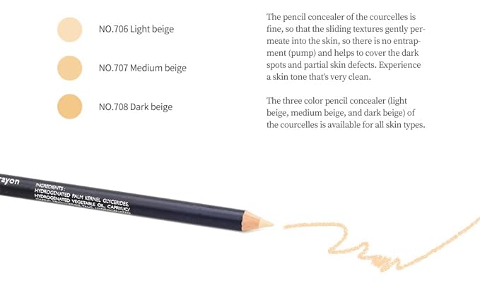 [K-Beauty Makeup] Courcelles Concealer Pencil CC706/CC707/CC708, Hard type-Natural Cover, light, medium, dark beige (CC706-Light Beige)