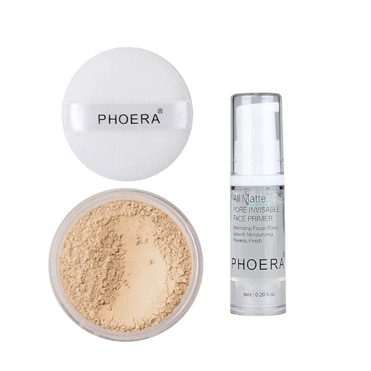 2 Pcs PHOERA Setting Powder and Face Primer, Control Oil Brighten Skin Color Cover Face Setting Loose Powder。 (02 Cool Beige + makeup primer)