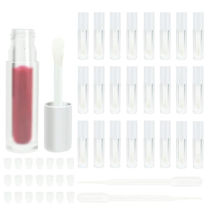 COSIDEA 24 pcs Empty 5ml big brush Frosted lip gloss tube White round lipgloss tubes container with big doe foot wand