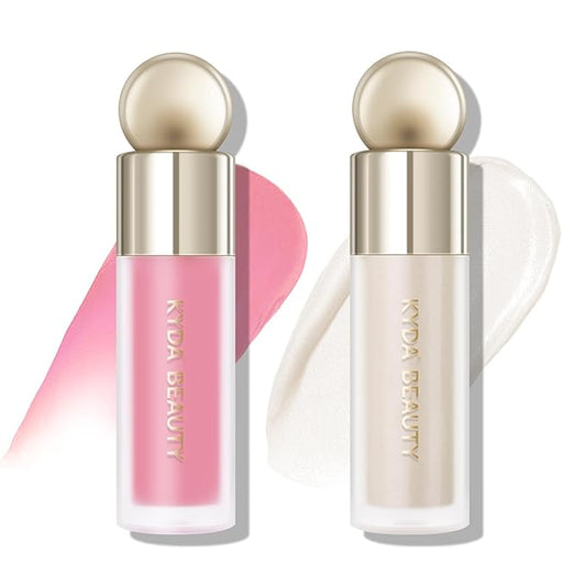 KYDA 2 Colors Liquid Blush and Highlighter, Natural Matte Face Blush High Glossy Liquid Illuminator, Silky Lightweight Blendable, Cool Pink & Champagne
