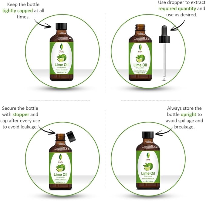 SVA Lime Essential Oil – 4 Fl Oz – 100% Natural Lime Oil - for Diffuser, Hair Care, Face, Skin Care, Aromatherapy, Scalp and Body Massage, Soap and Candle Making - with Dropper
