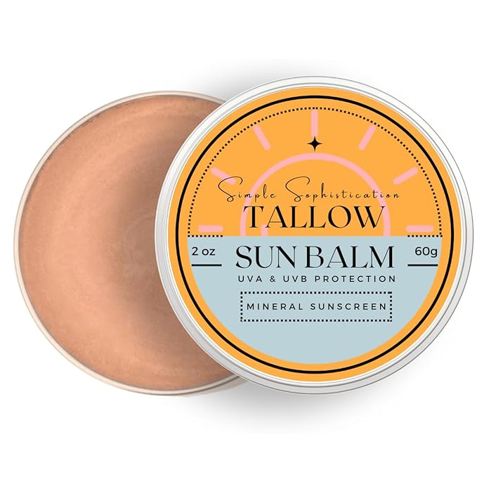 Tallow Sun Balm- with grassfed beef tallow, castor oil, zinc oxide | Mineral Sunscreen | Natural, Organic | Reef Safe, Ocean Friendly | Spf 30 - suitable for sensitive skin (2 oz) (Medium)