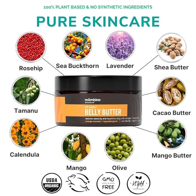 Mambino Organics Oh Baby! Belly Butter – Organic Stretch Mark Cream for Pregnancy with Dutch Shea & Cocoa Butter – Vitamins, Omegas for Elasticity – Vegan Cruelty-Free Maternity Care, 4 fl oz